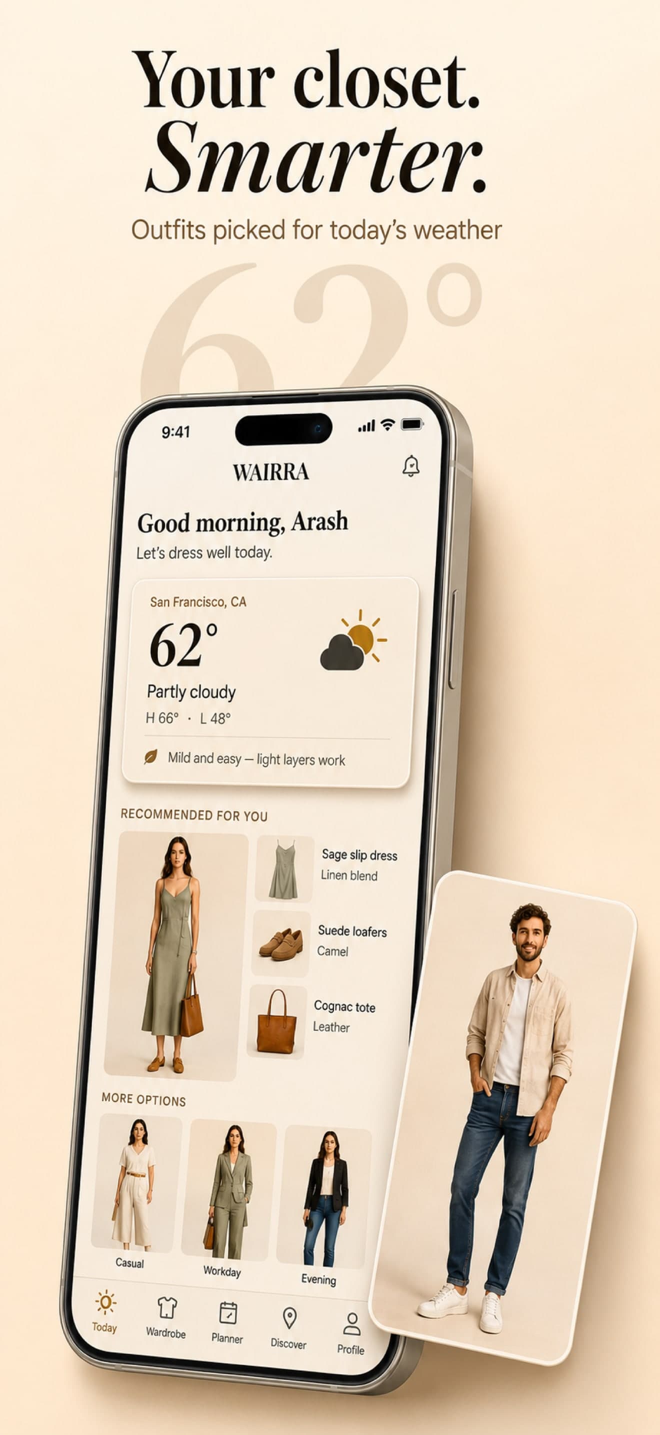 Wairra Today screen — daily outfit recommendation with weather forecast
