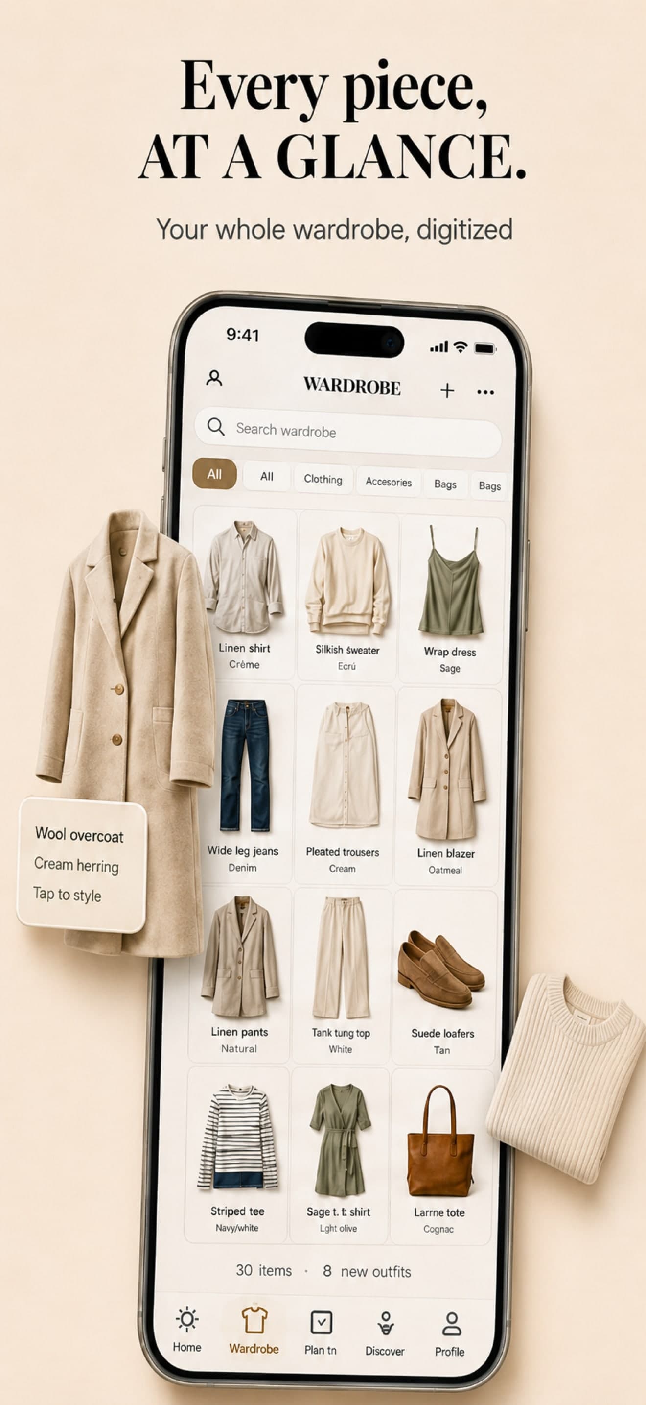 Wairra Wardrobe screen — grid of background-removed clothing items