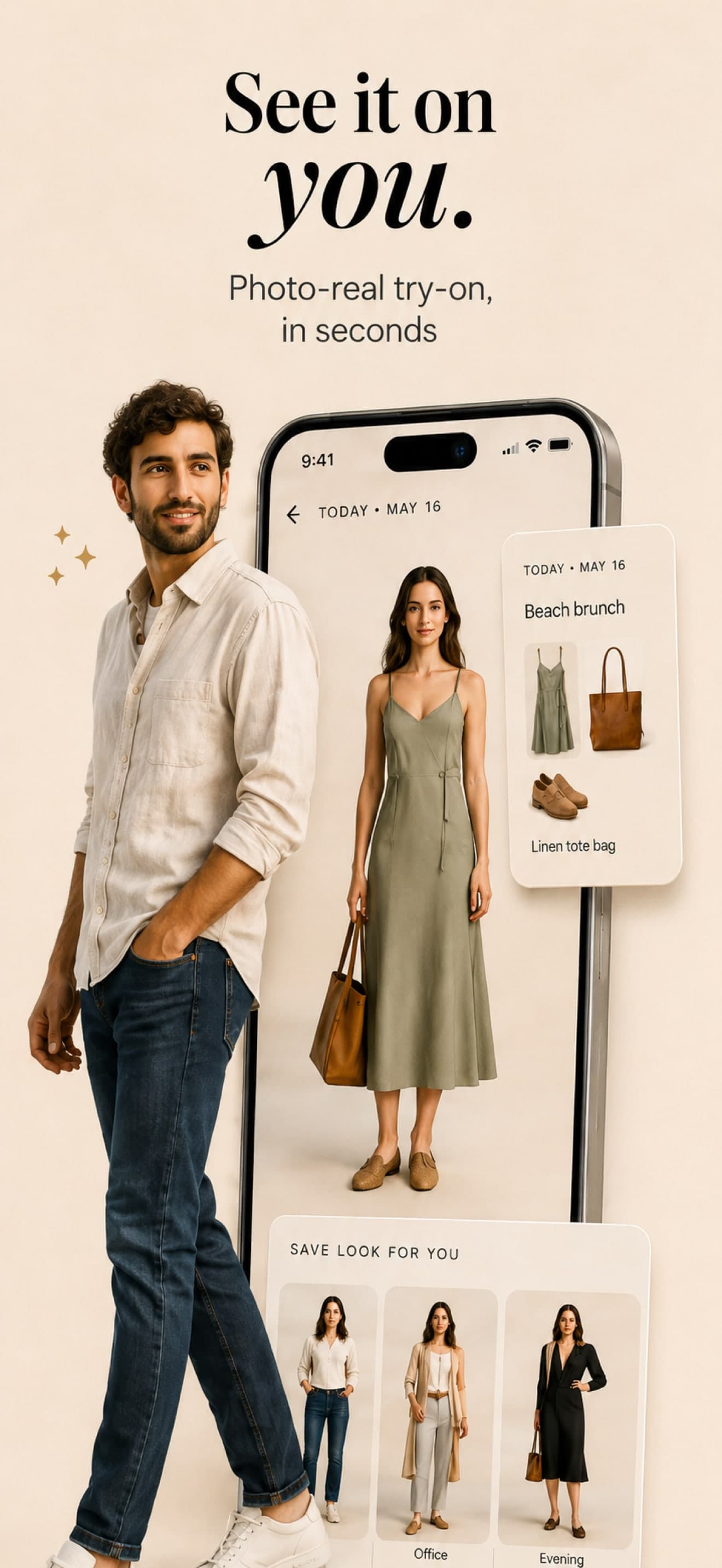 Wairra Try-on screen — outfit rendered on the user's photo-real avatar