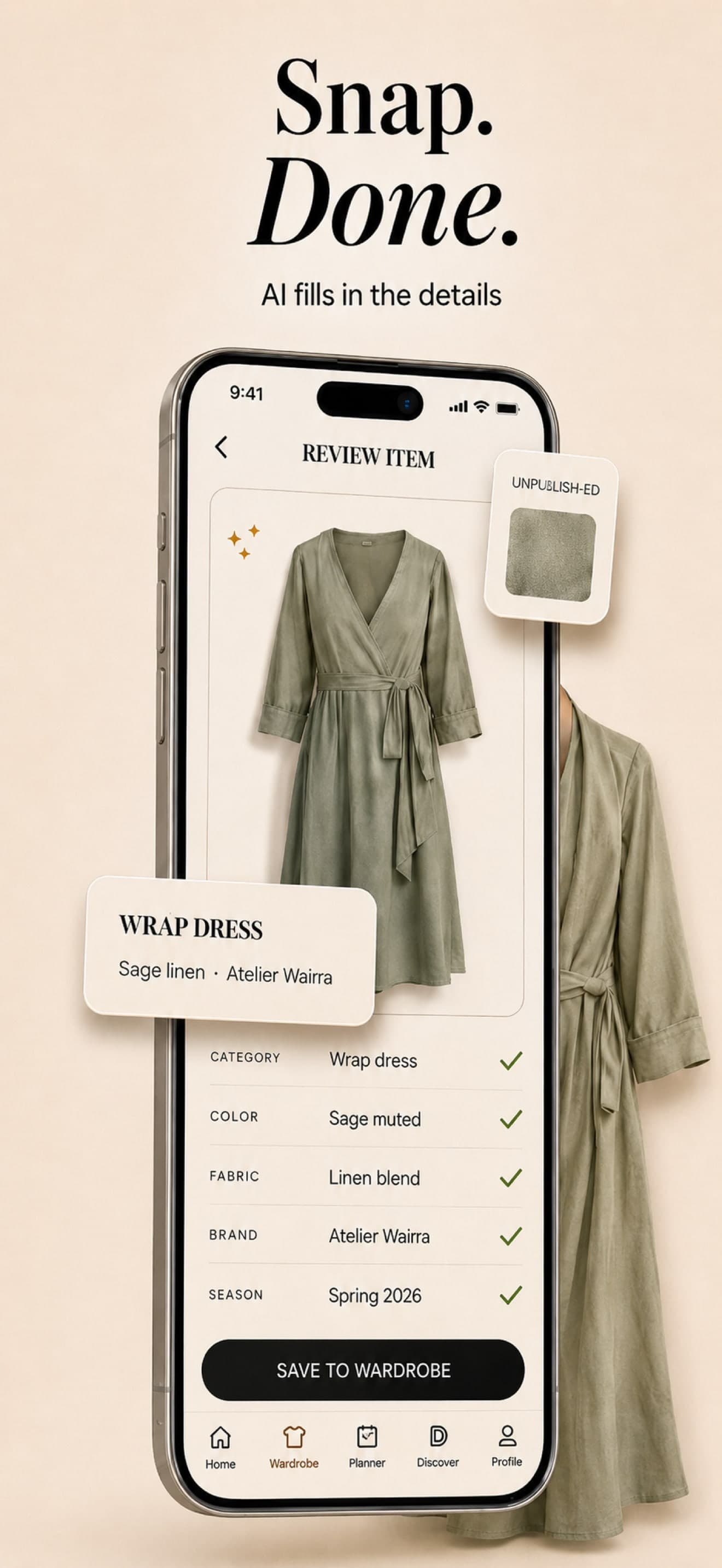 Wairra Add Item screen — capturing a clothing piece with auto-detected tags