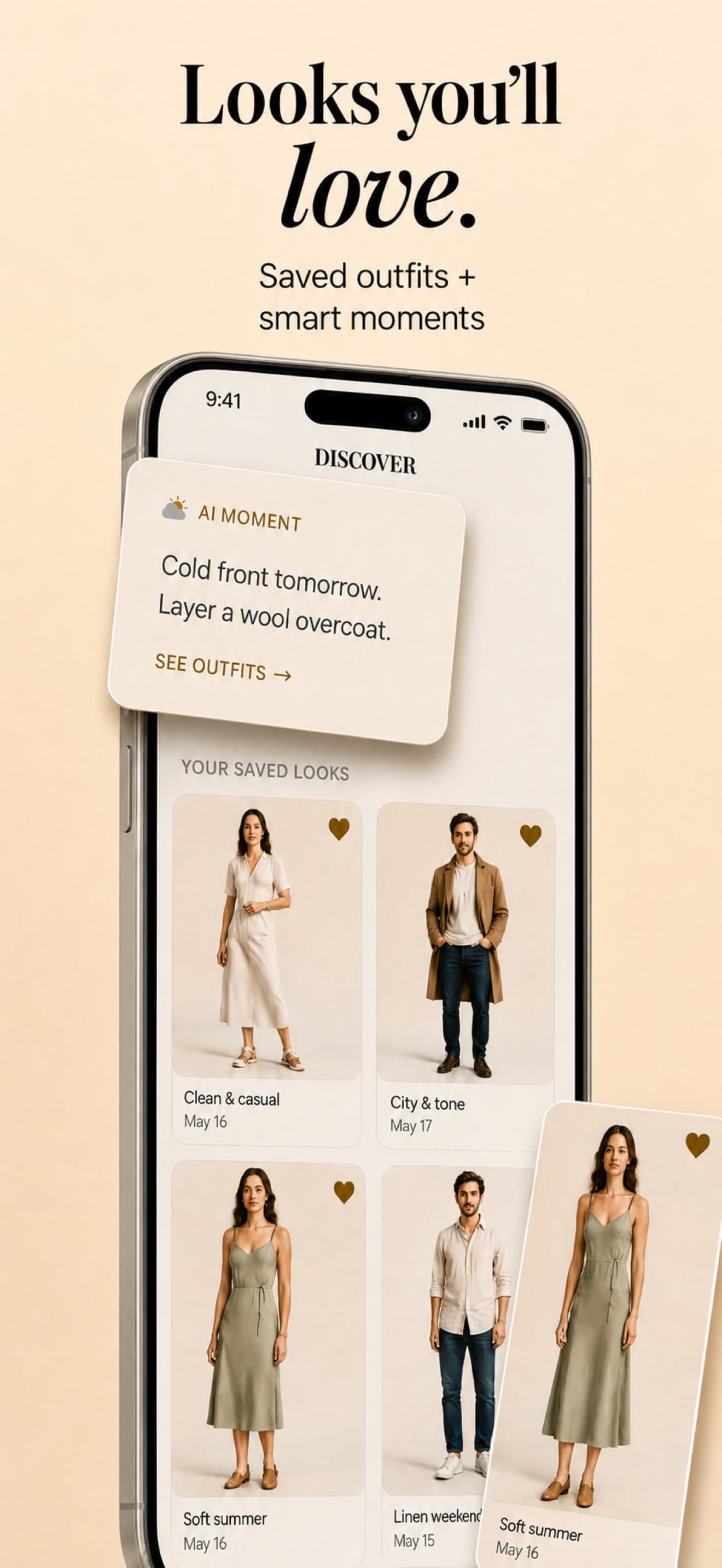 Wairra Discover screen — curated outfit ideas drawn from the user's closet