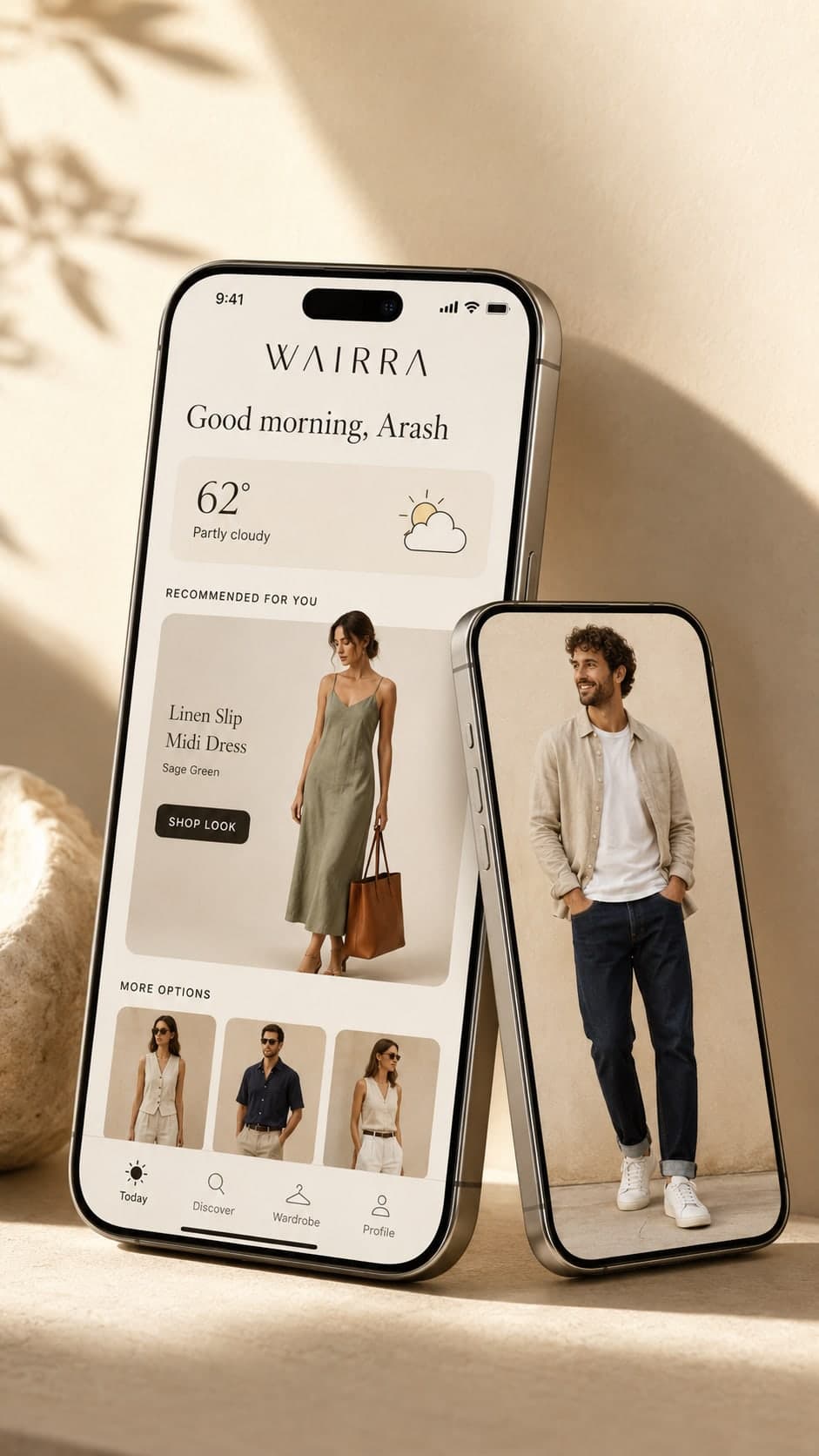 Wairra Today screen on iPhone, with a recommended sage slip dress outfit and a 62° partly-cloudy forecast.
