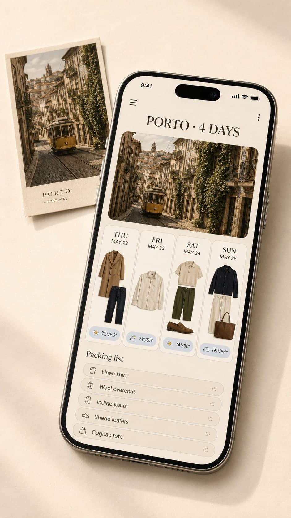 Trip planner showing a multi-day packing list.