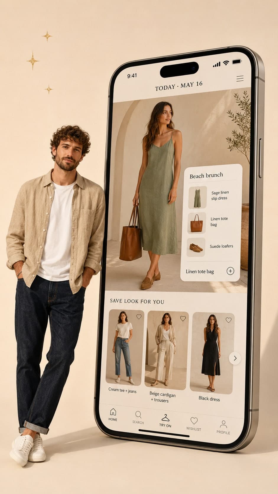 Try-on screen showing an outfit rendered on the user's avatar.