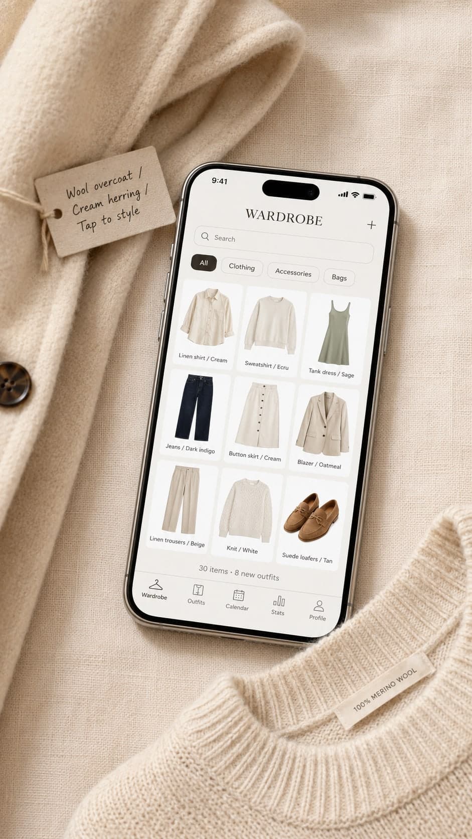 Wardrobe screen showing a clean grid of clothing items.